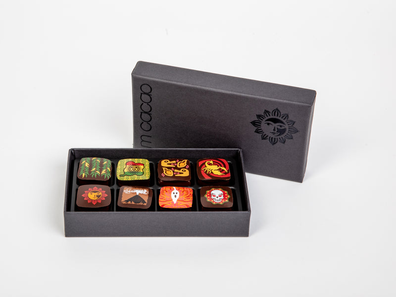 8 hot peppers flavored chocolate pieces in a box
